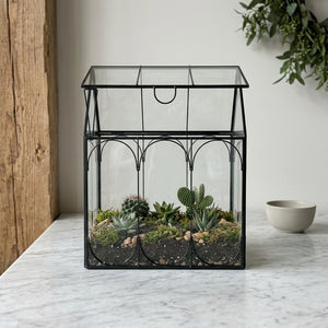 Terrarium maison en verre avec cadre en métal noir